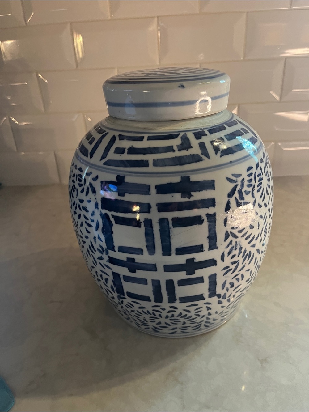Chinese Blue & White Large Ginger Jar Double Happiness jar with lid